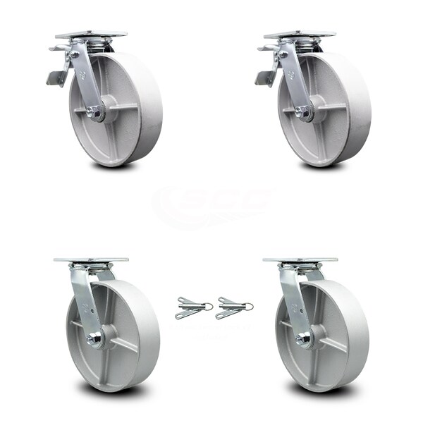 8 Inch Semi Steel Caster Set with Ball Bearings 2 Brakes 2 Swivel Locks SCC